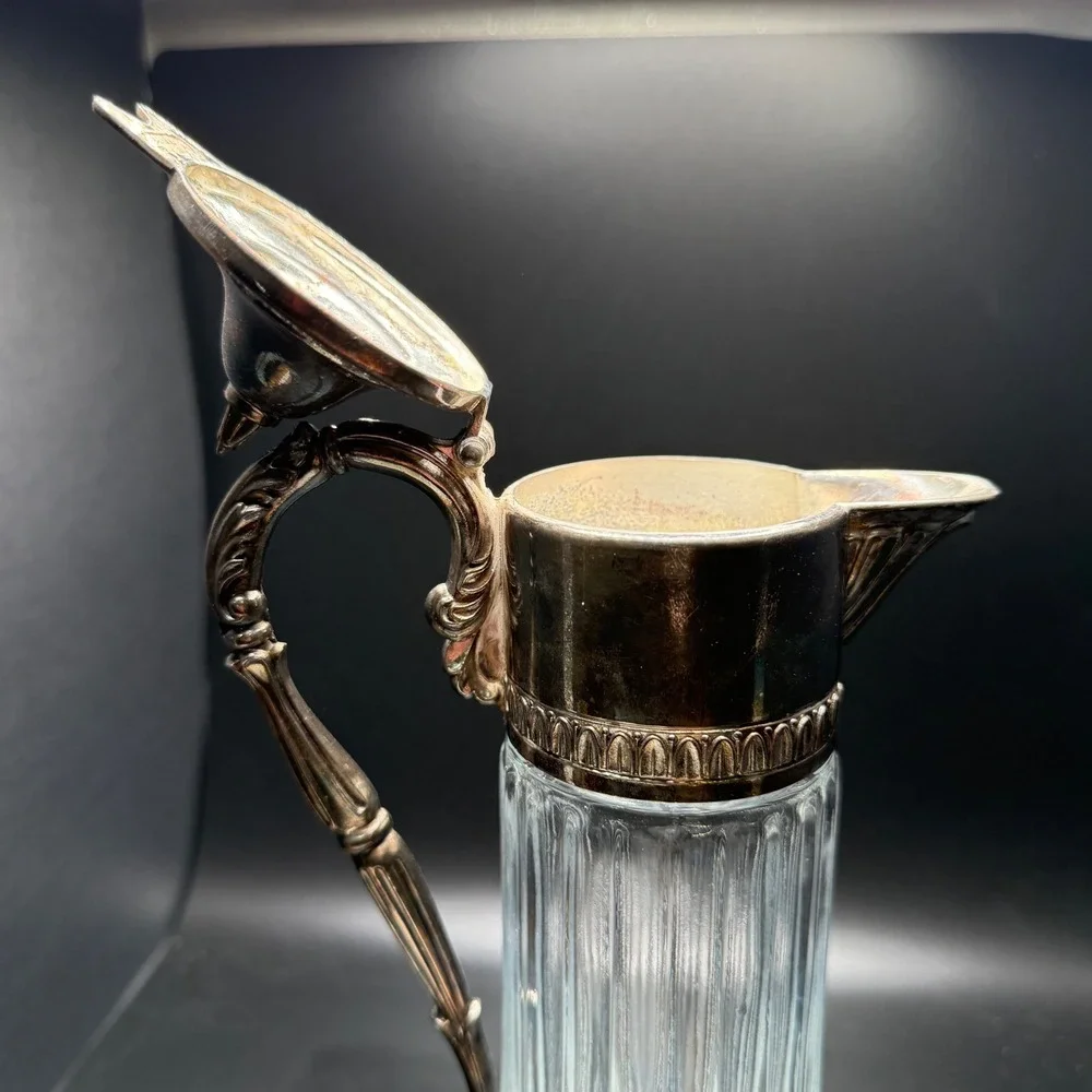 Vintage Silver Plated Glass Claret Jug Ornate Wine Decanter‎ 12 Inch Tall